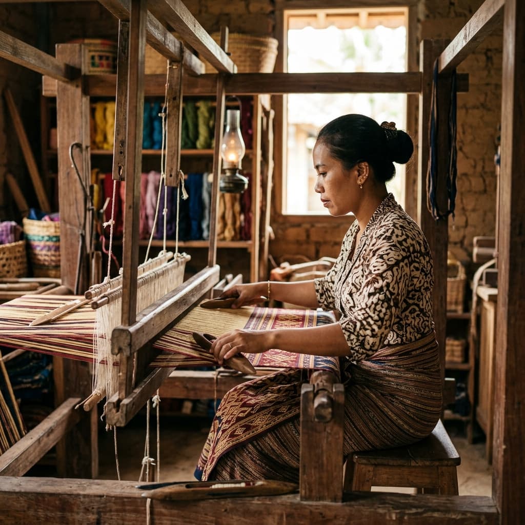 Indonesian woman artisan weaving on a traditional handloom