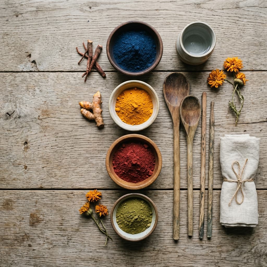 Flat lay of natural textile dye powders and tools