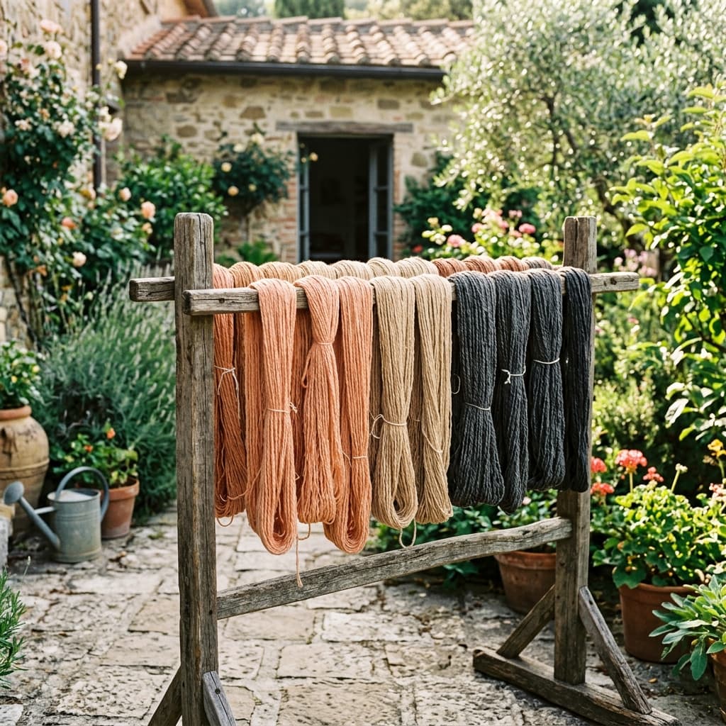 Skeins of naturally dyed yarn drying outdoors
