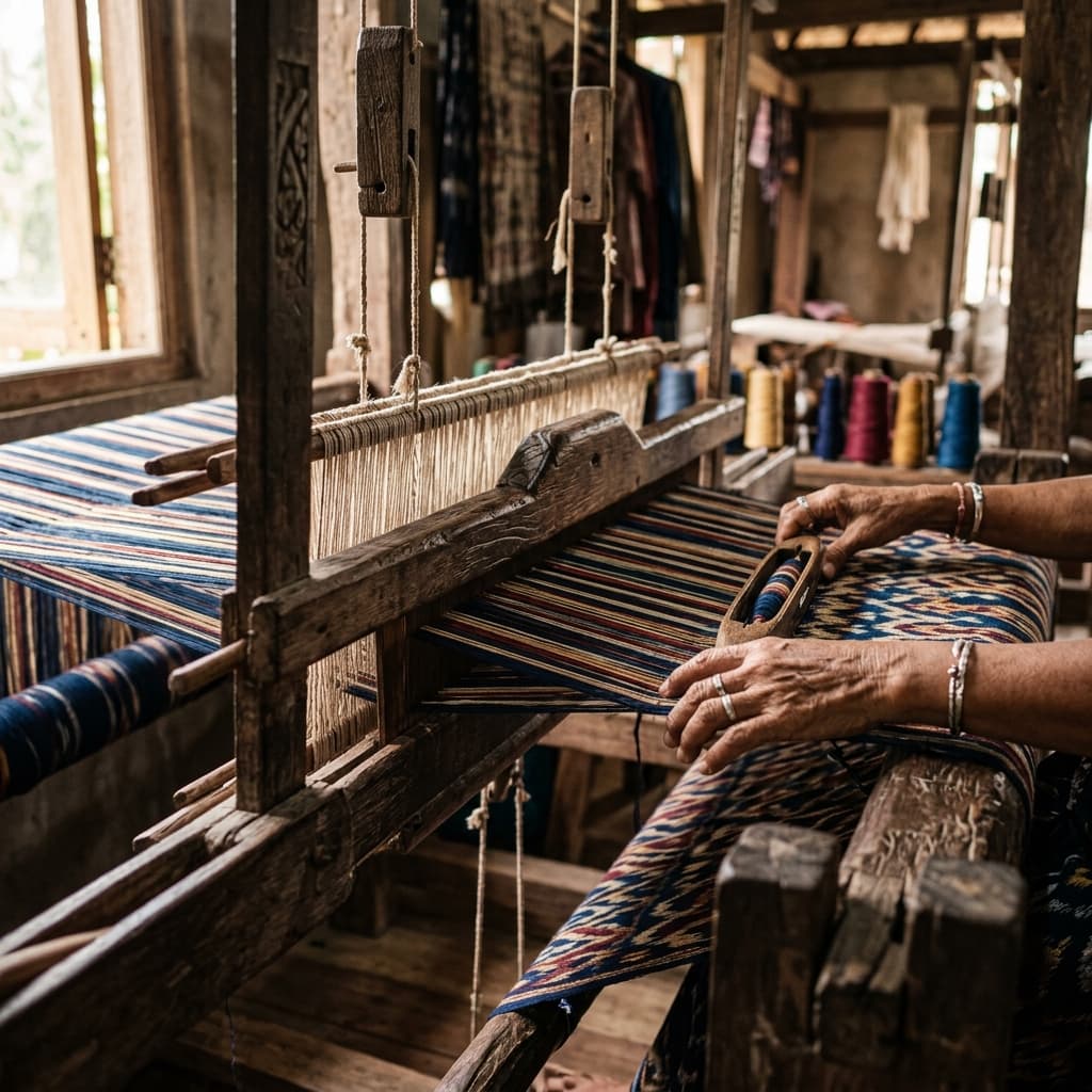 Traditional Indonesian wooden loom weaving threads