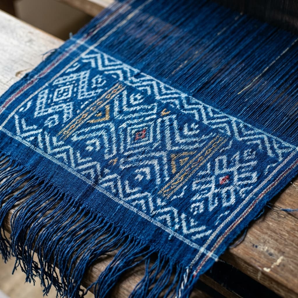 Detailed indigo-dyed ikat tenun textile