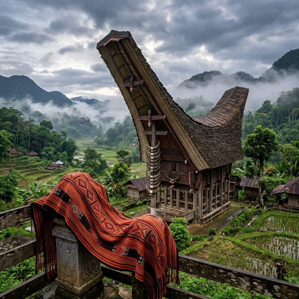 Traditional Toraja Tongkonan ancestral house with red tenun cloth