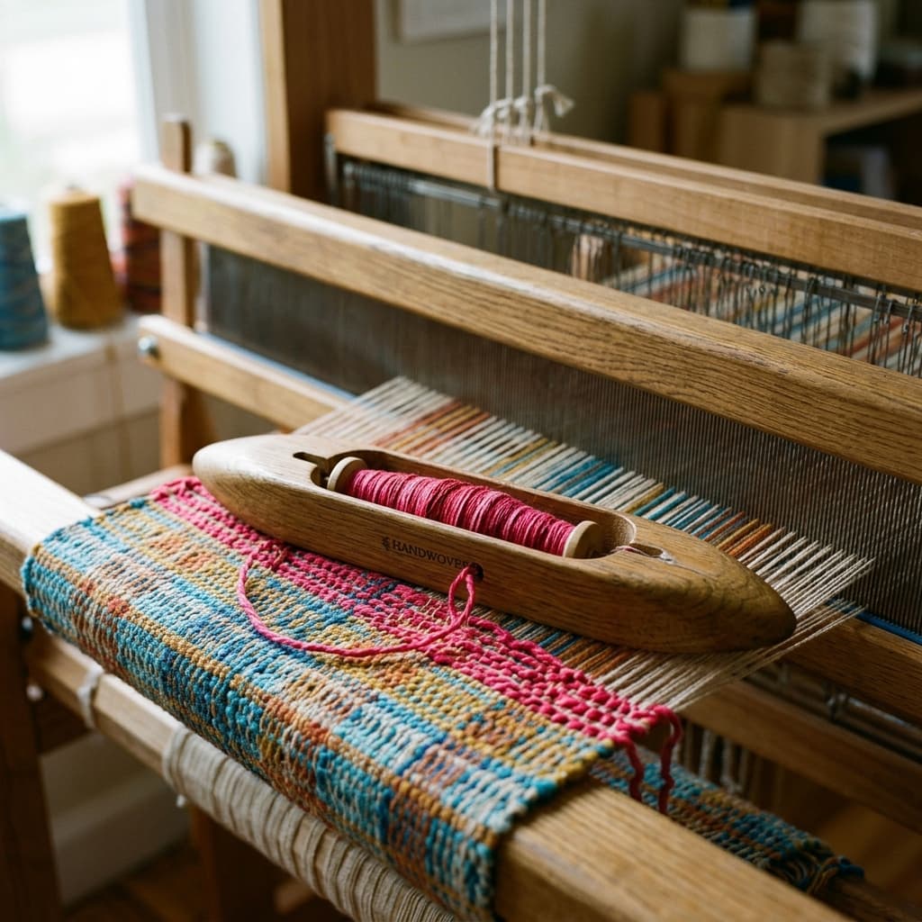 Wooden weaving shuttle with red cotton thread